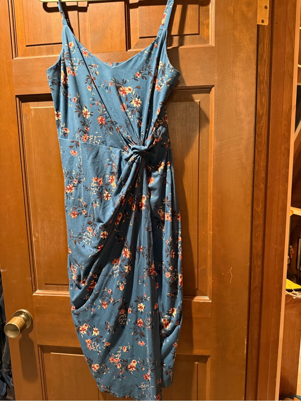 nine britton Teal Floral Knot-Detail Midi Slip Dress
